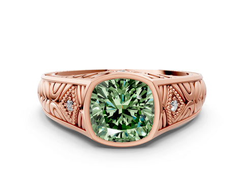 Rose gold Hexagonal Bezel Fancy Green Cushion Cut Diamond Engraved Band Prong Ring