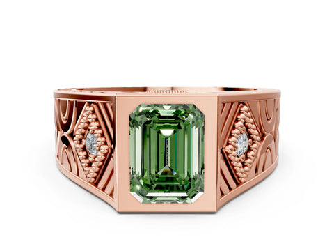 Rose gold Hexagonal Bezel Fancy Green Emerald Cut Diamond Engraved Band Prong Ring_12