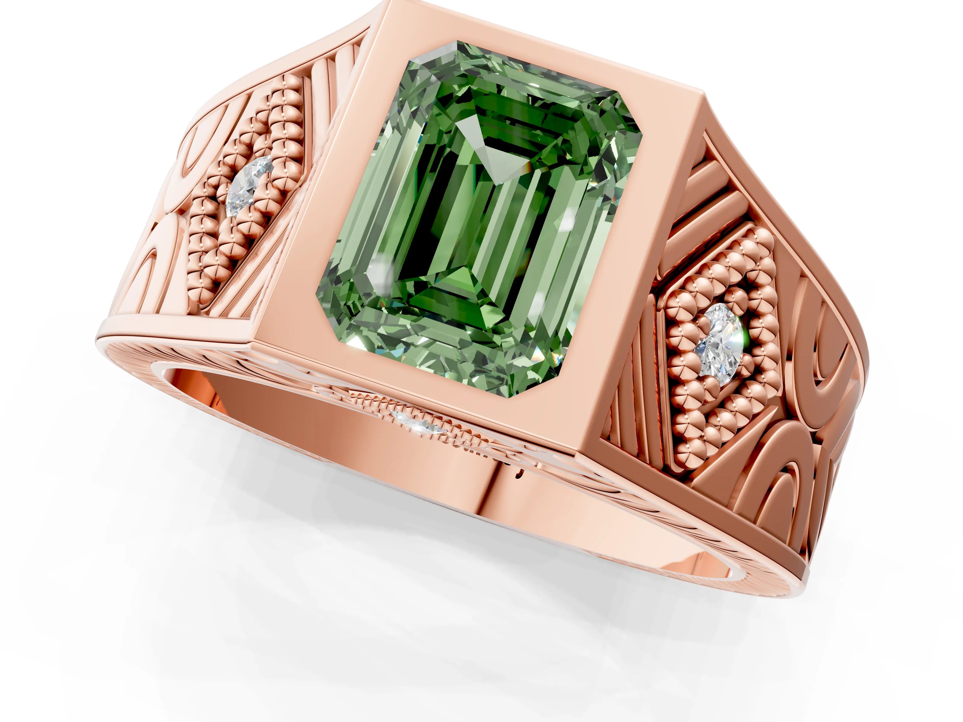 Rose gold Hexagonal Bezel Fancy Green Emerald Cut Diamond Engraved Band Prong Ring_13