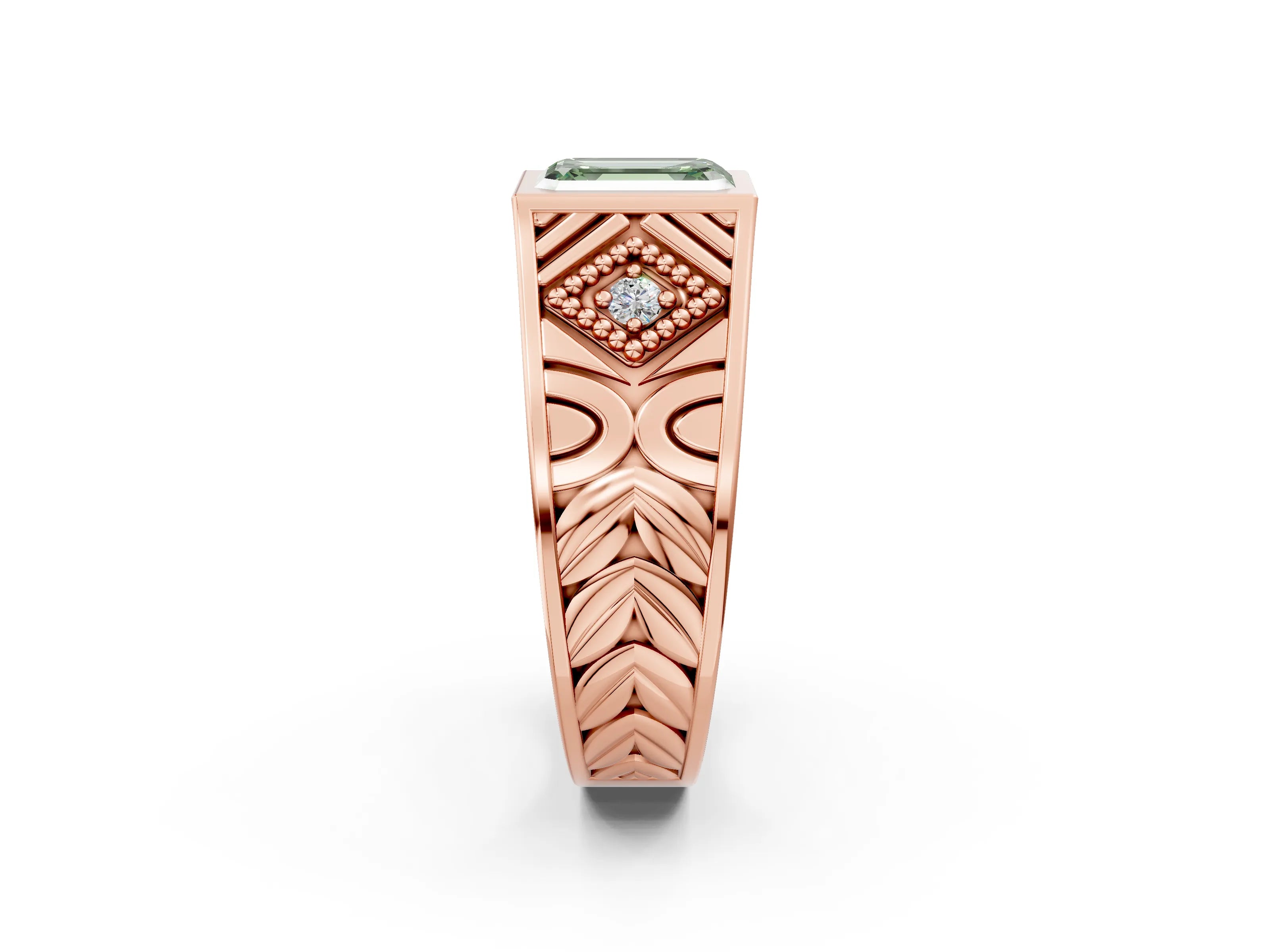Rose gold Hexagonal Bezel Fancy Green Emerald Cut Diamond Engraved Band Prong Ring_14