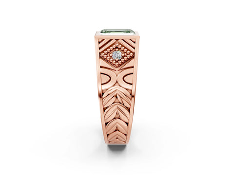 Rose gold Hexagonal Bezel Fancy Green Emerald Cut Diamond Engraved Band Prong Ring_14