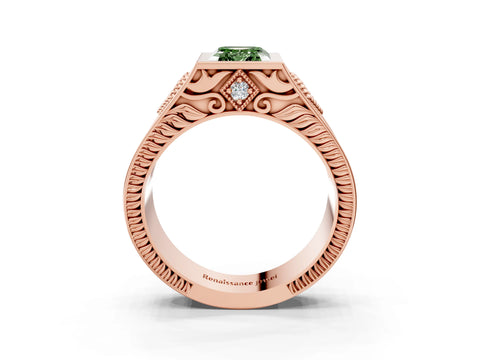 Rose gold Hexagonal Bezel Fancy Green Emerald Cut Diamond Engraved Band Prong Ring_15