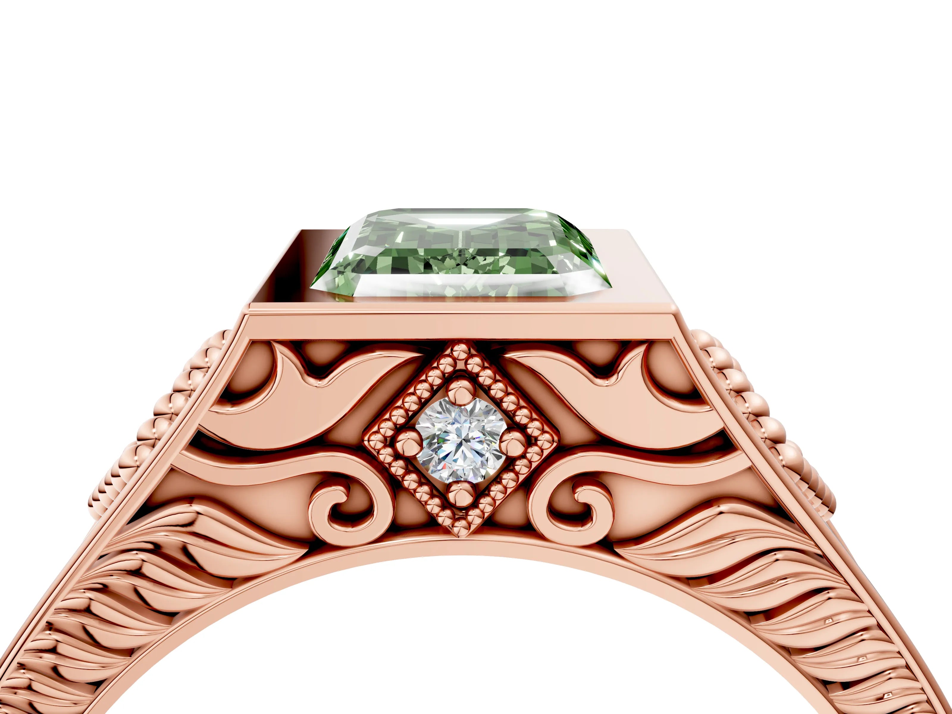 Rose gold Hexagonal Bezel Fancy Green Emerald Cut Diamond Engraved Band Prong Ring_16