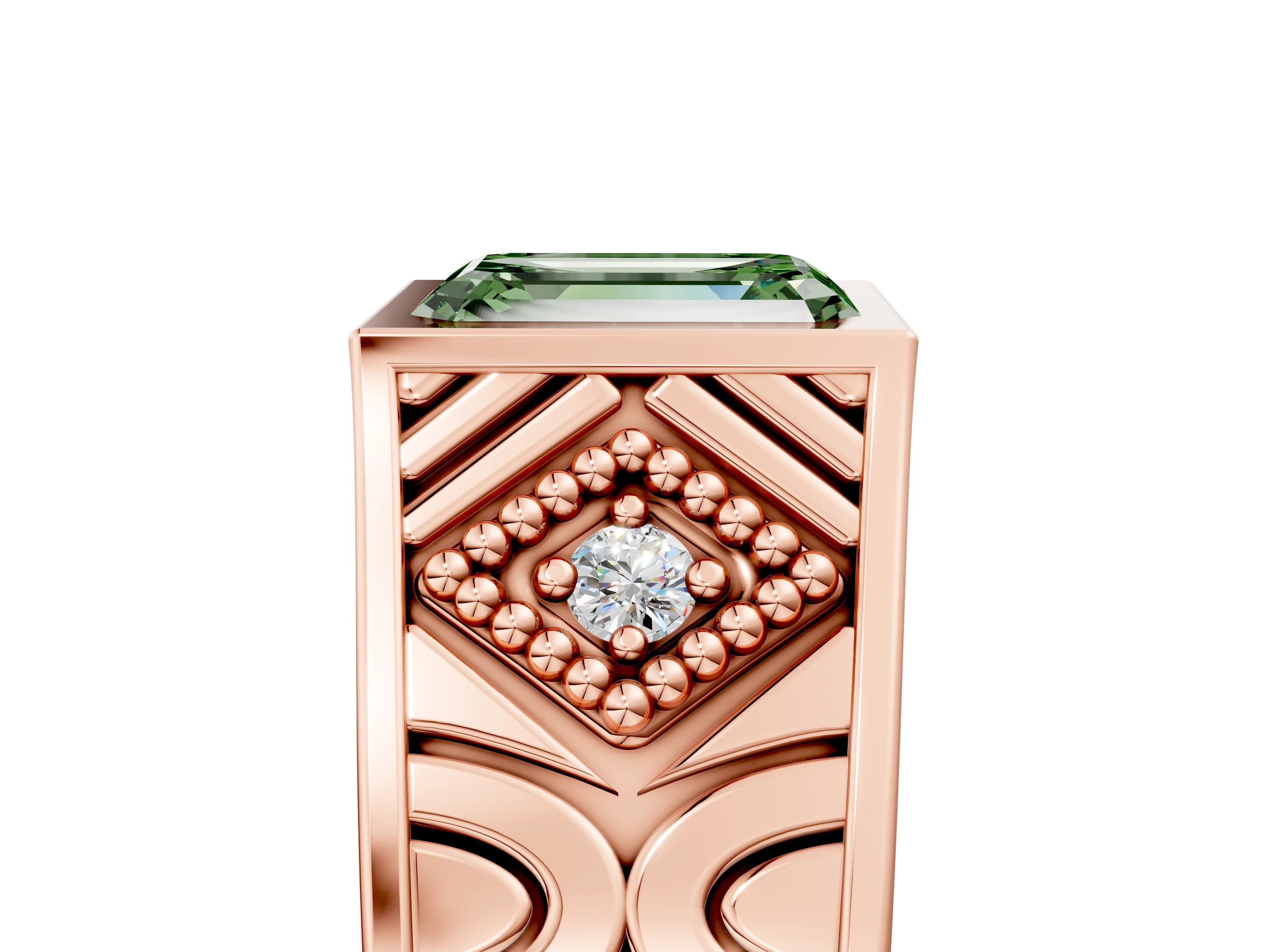 Rose gold Hexagonal Bezel Fancy Green Emerald Cut Diamond Engraved Band Prong Ring_17