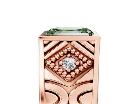 Rose gold Hexagonal Bezel Fancy Green Emerald Cut Diamond Engraved Band Prong Ring_17