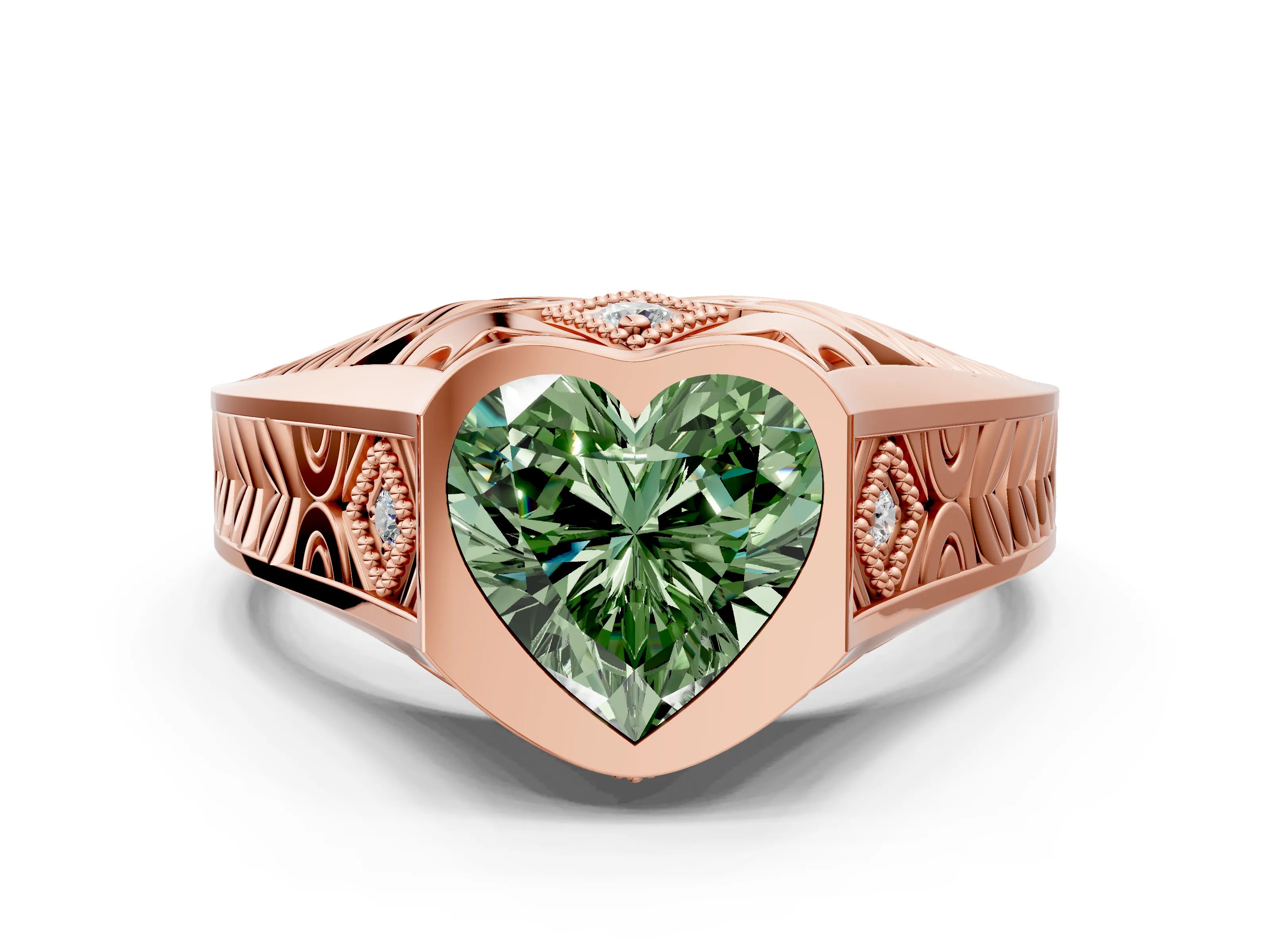 Rose gold Hexagonal Bezel Fancy Green Heart Cut Diamond Engraved Band Prong Ring