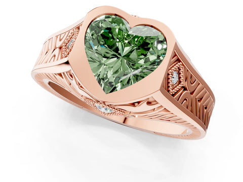 Rose gold Hexagonal Bezel Fancy Green Heart Cut Diamond Engraved Band Prong Ring_1