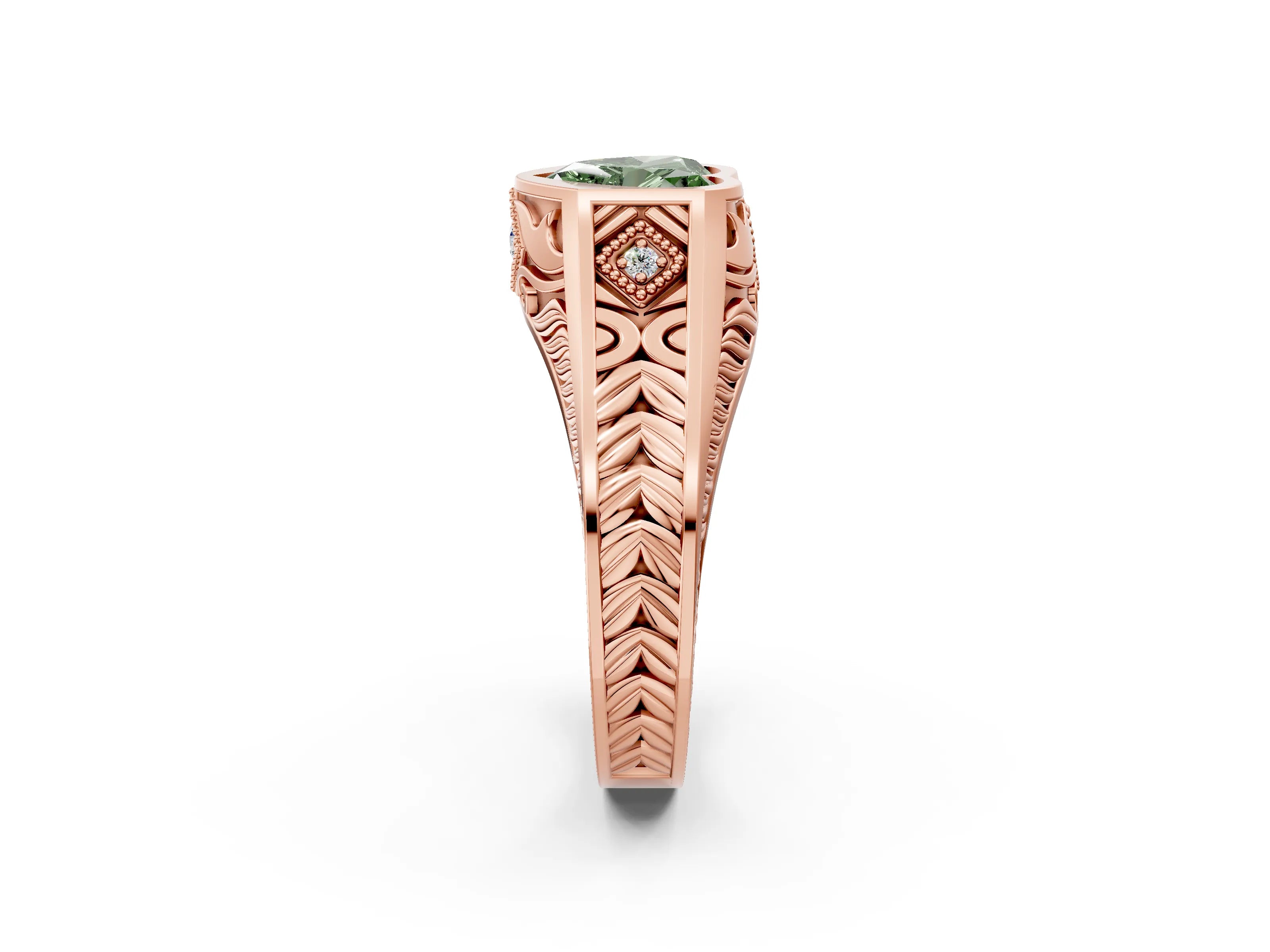 Rose gold Hexagonal Bezel Fancy Green Heart Cut Diamond Engraved Band Prong Ring_2