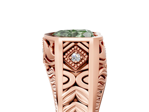 Rose gold Hexagonal Bezel Fancy Green Heart Cut Diamond Engraved Band Prong Ring_5