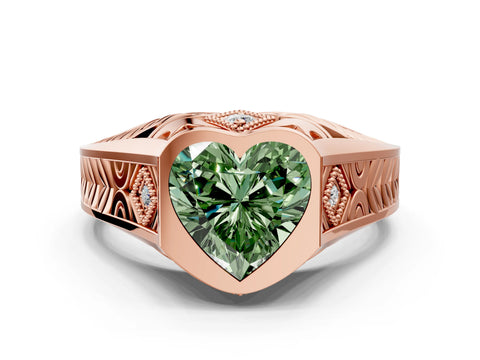 Rose gold Hexagonal Bezel Fancy Green Heart Cut Diamond Engraved Band Prong Ring