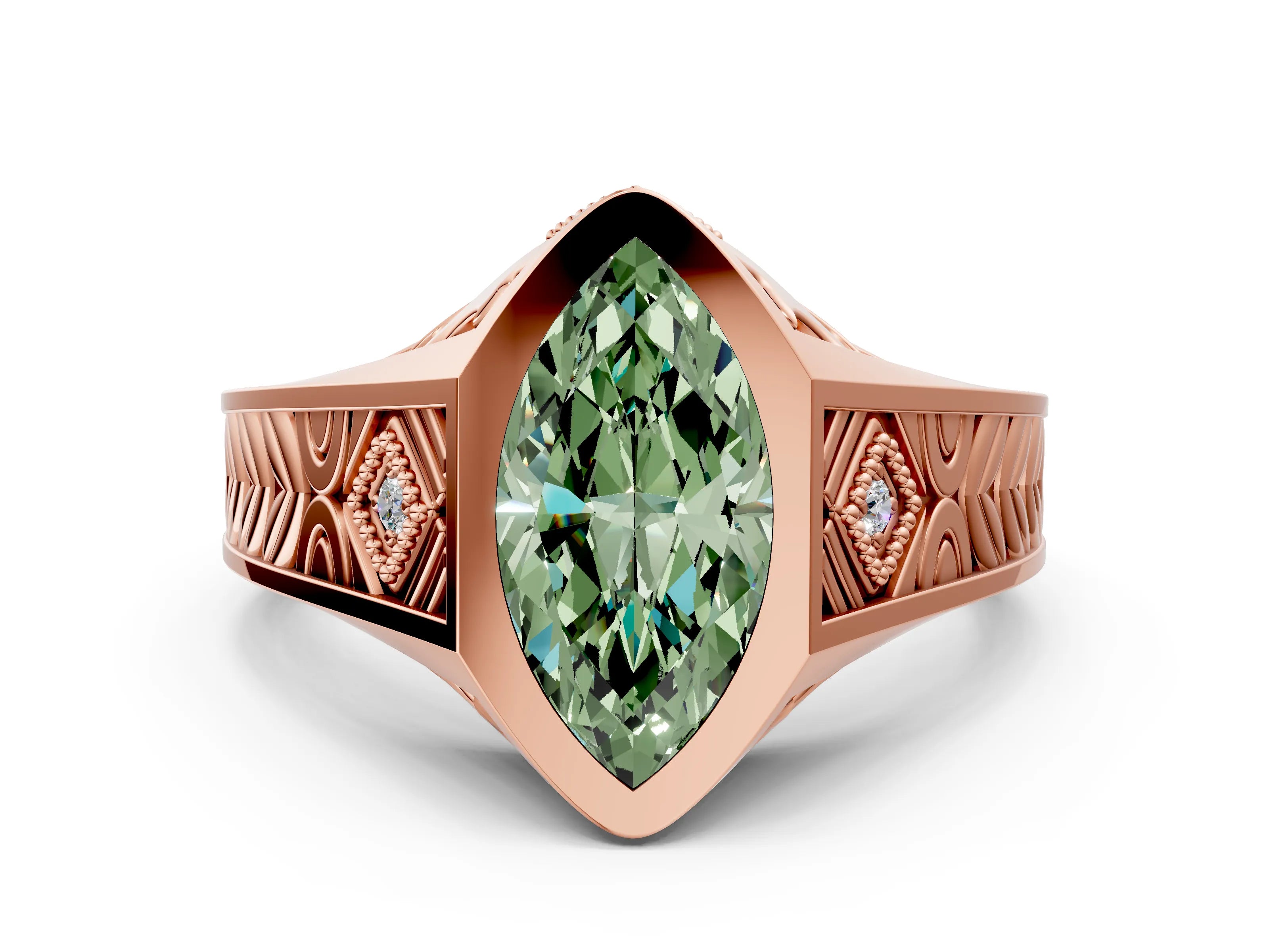 Rose gold Hexagonal Bezel Fancy Green Marquise Cut Diamond Engraved Band Prong Ring