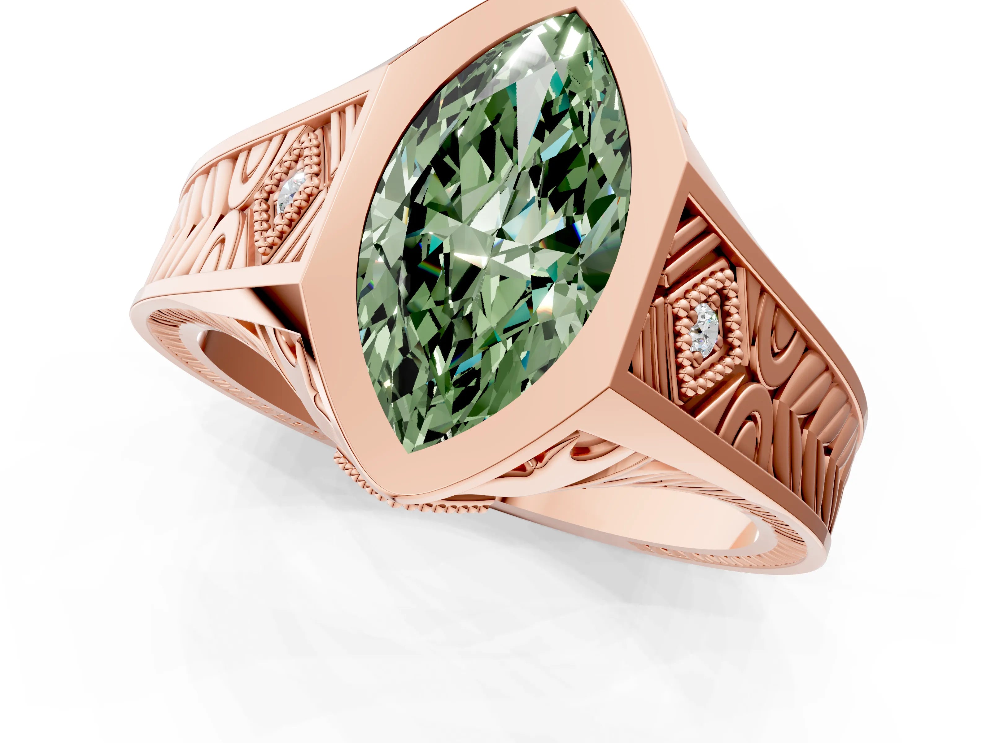Rose gold Hexagonal Bezel Fancy Green Marquise Cut Diamond Engraved Band Prong Ring_1