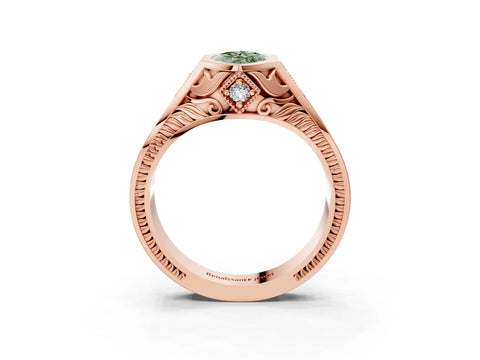Rose gold Hexagonal Bezel Fancy Green Marquise Cut Diamond Engraved Band Prong Ring_3