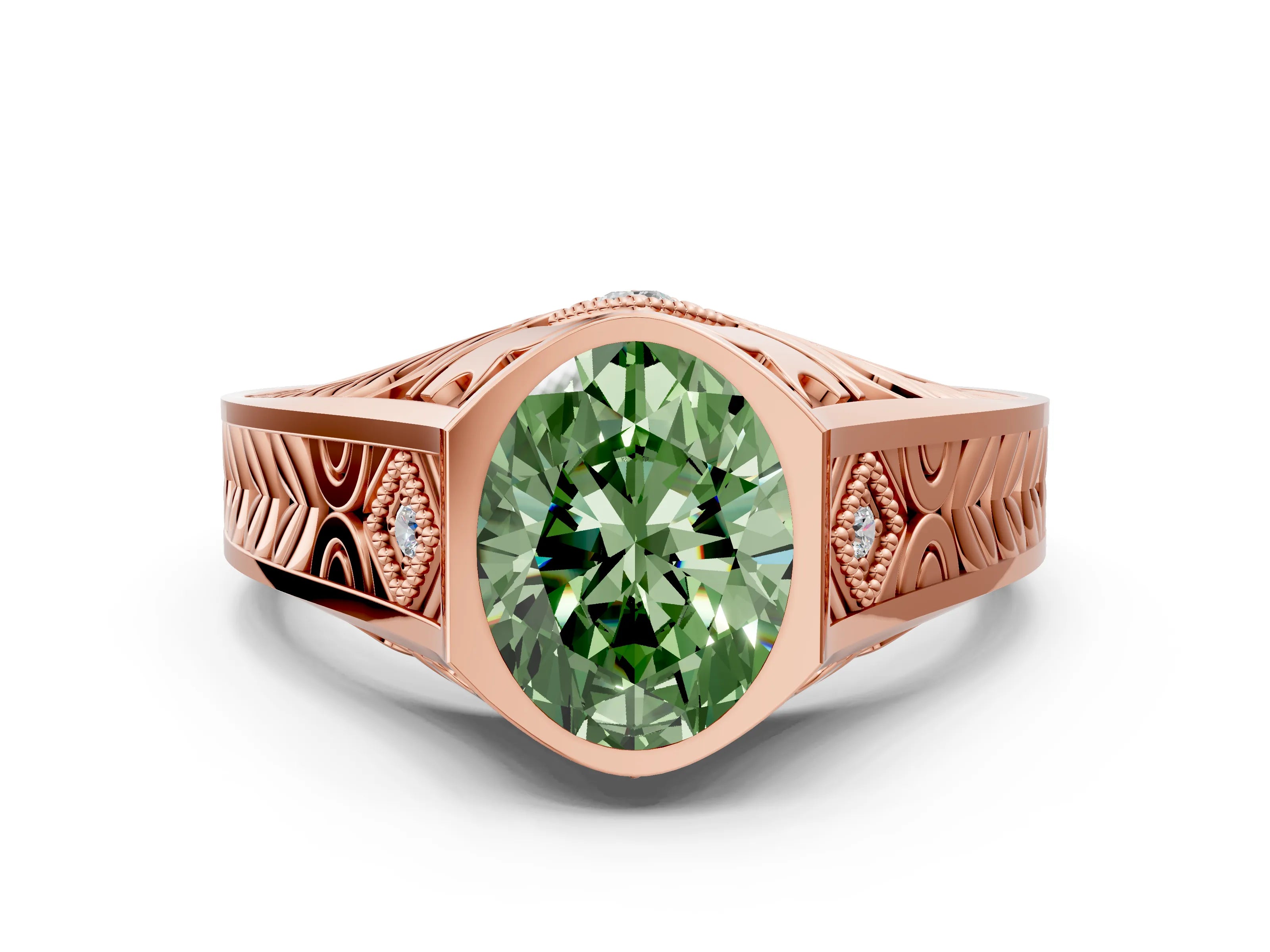 Rose gold Hexagonal Bezel Fancy Green Oval Cut Diamond Engraved Band Prong Ring_12