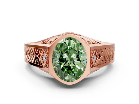 Rose gold Hexagonal Bezel Fancy Green Oval Cut Diamond Engraved Band Prong Ring_12