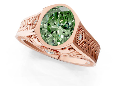 Rose gold Hexagonal Bezel Fancy Green Oval Cut Diamond Engraved Band Prong Ring_13