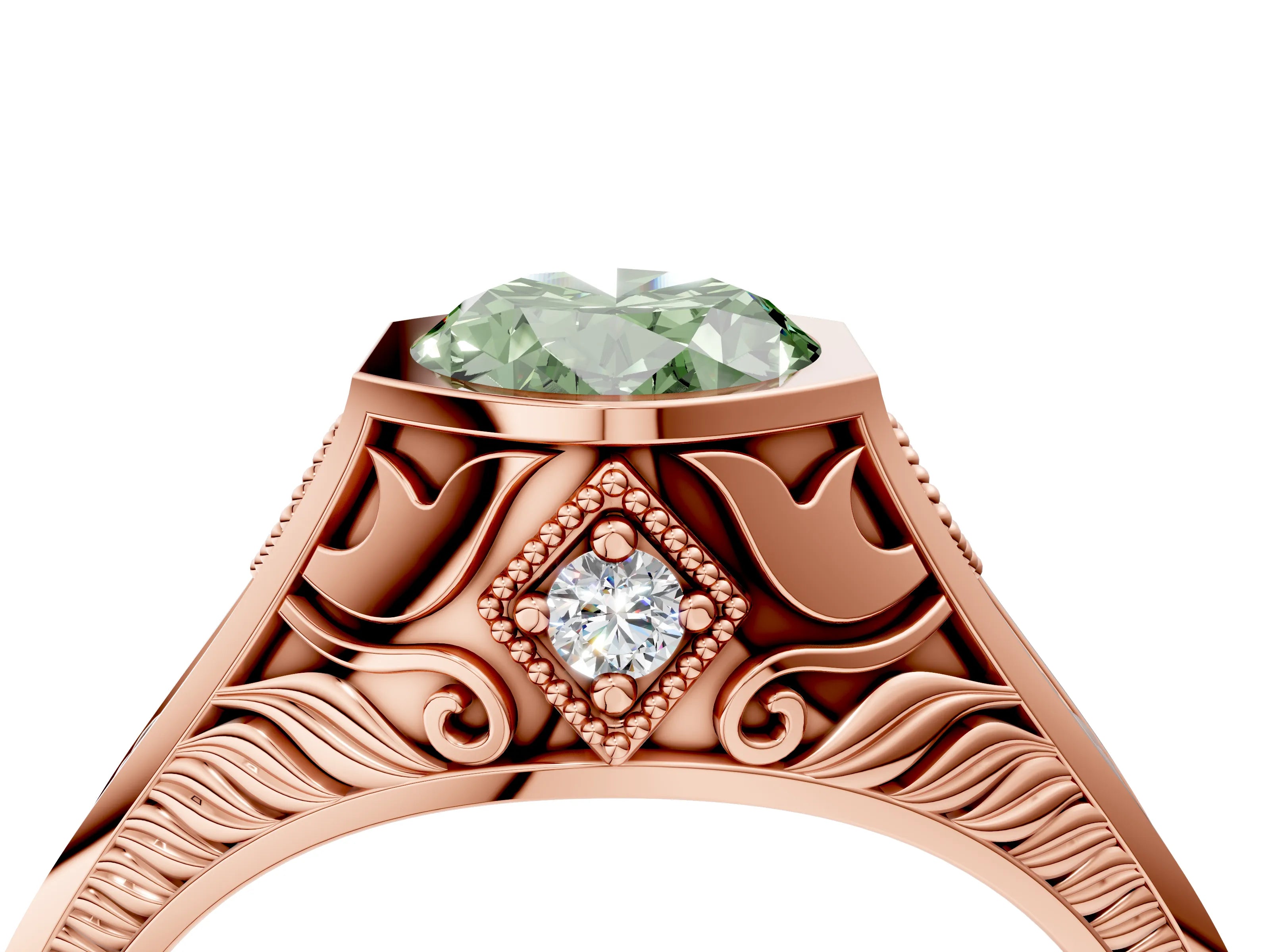 Rose gold Hexagonal Bezel Fancy Green Oval Cut Diamond Engraved Band Prong Ring_16