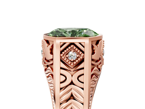 Rose gold Hexagonal Bezel Fancy Green Oval Cut Diamond Engraved Band Prong Ring_17