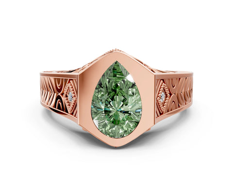 Rose gold Hexagonal Bezel Fancy Green Pear Cut Diamond Engraved Band Prong Ring_12