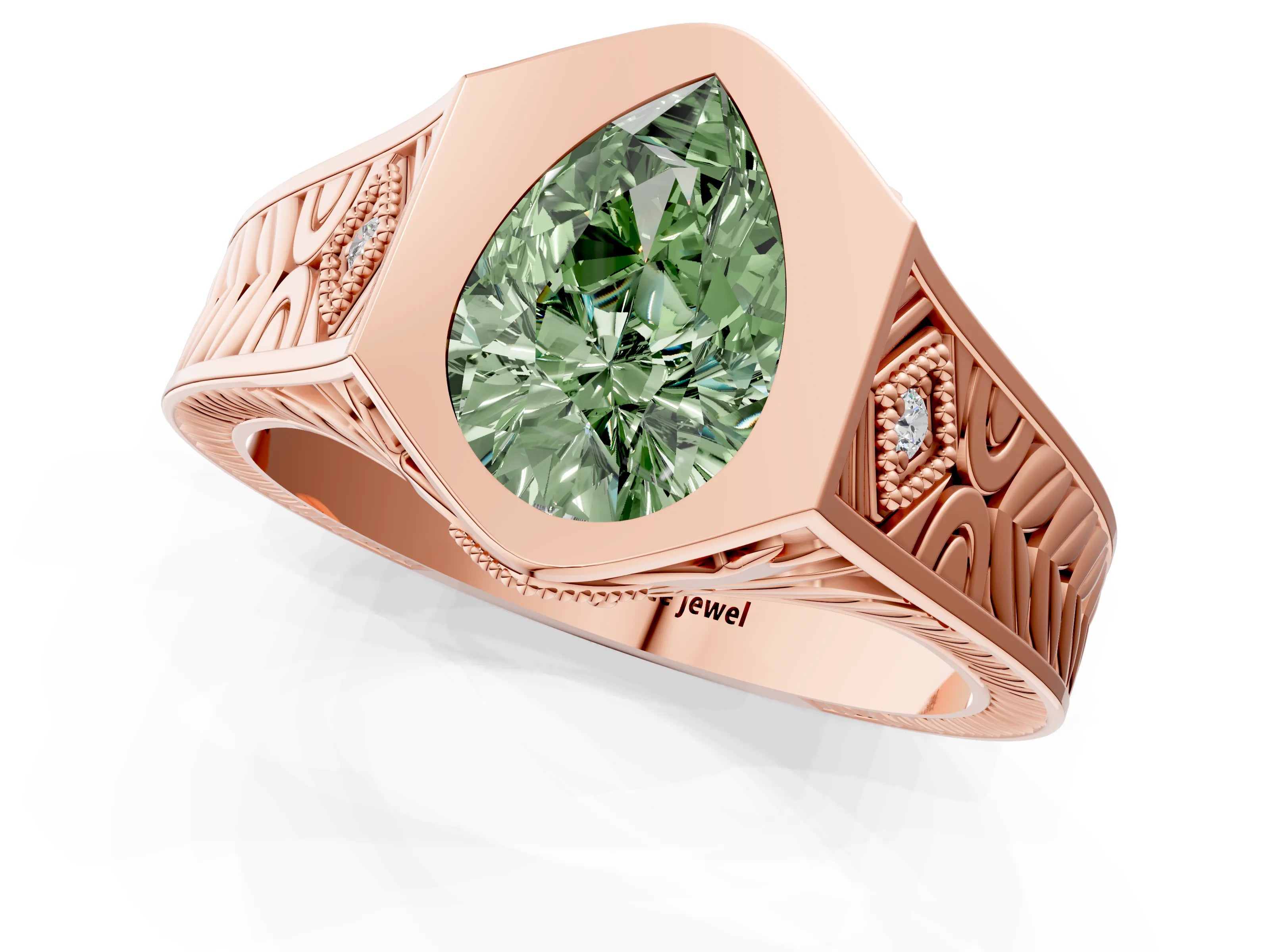 Rose gold Hexagonal Bezel Fancy Green Pear Cut Diamond Engraved Band Prong Ring_13