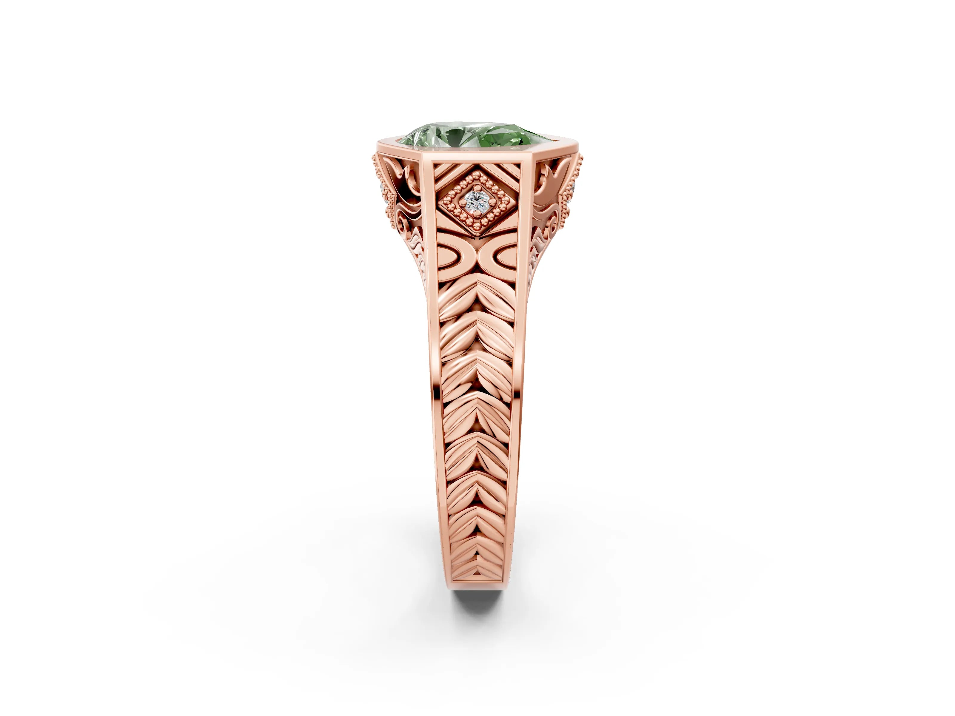 Rose gold Hexagonal Bezel Fancy Green Pear Cut Diamond Engraved Band Prong Ring_14