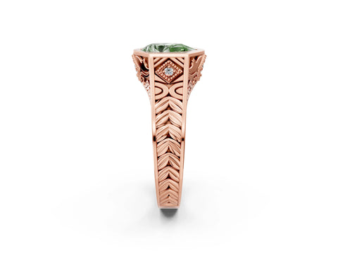 Rose gold Hexagonal Bezel Fancy Green Pear Cut Diamond Engraved Band Prong Ring_14