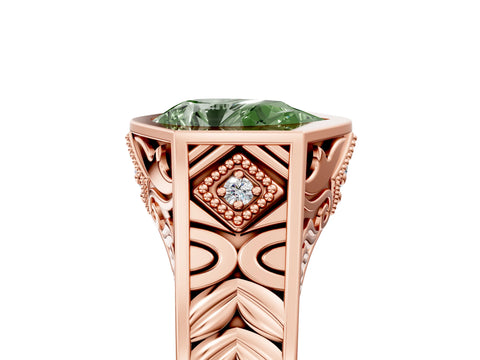 Rose gold Hexagonal Bezel Fancy Green Pear Cut Diamond Engraved Band Prong Ring_17