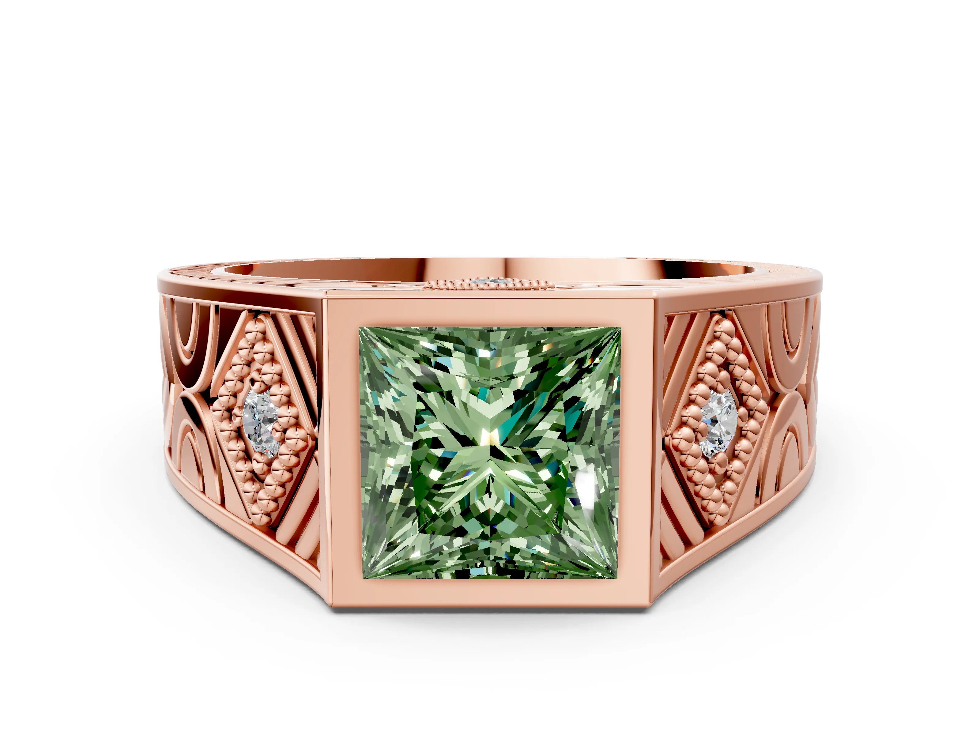 Rose gold Hexagonal Bezel Fancy Green Princess Cut Diamond Engraved Band Prong Ring