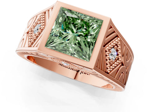 Rose gold Hexagonal Bezel Fancy Green Princess Cut Diamond Engraved Band Prong Ring_1
