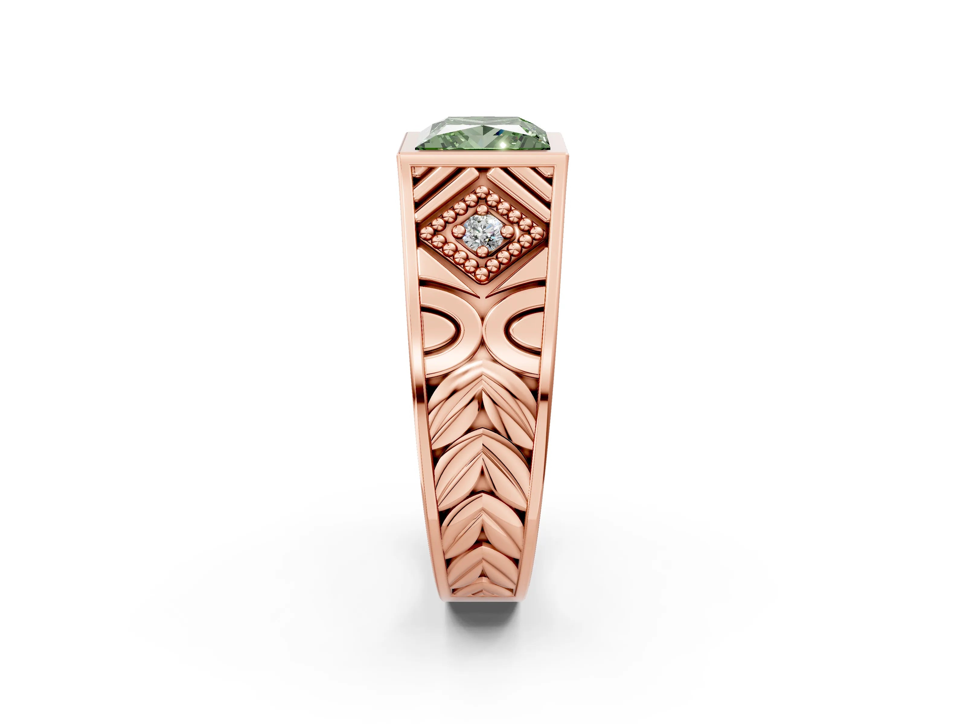 Rose gold Hexagonal Bezel Fancy Green Princess Cut Diamond Engraved Band Prong Ring_2