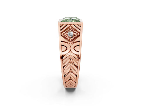 Rose gold Hexagonal Bezel Fancy Green Princess Cut Diamond Engraved Band Prong Ring_2