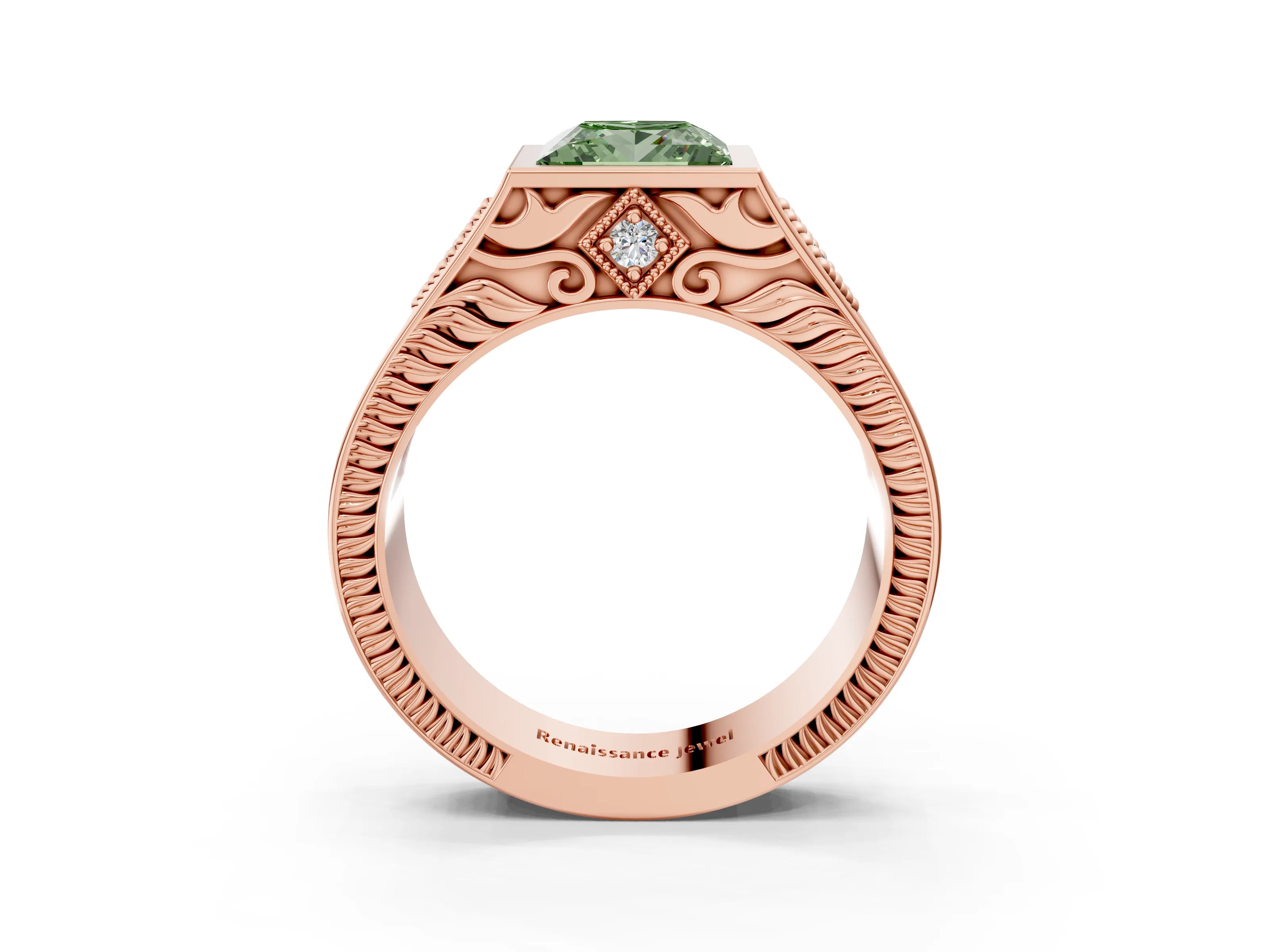 Rose gold Hexagonal Bezel Fancy Green Princess Cut Diamond Engraved Band Prong Ring_3