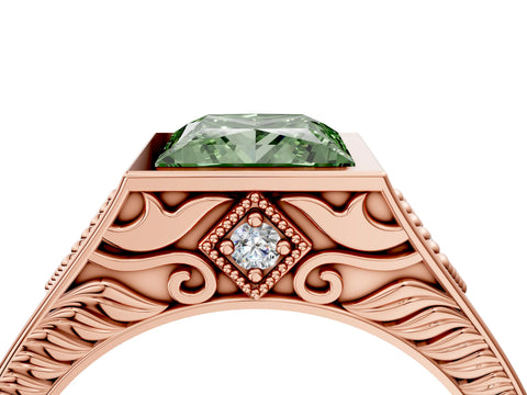 Rose gold Hexagonal Bezel Fancy Green Princess Cut Diamond Engraved Band Prong Ring_4