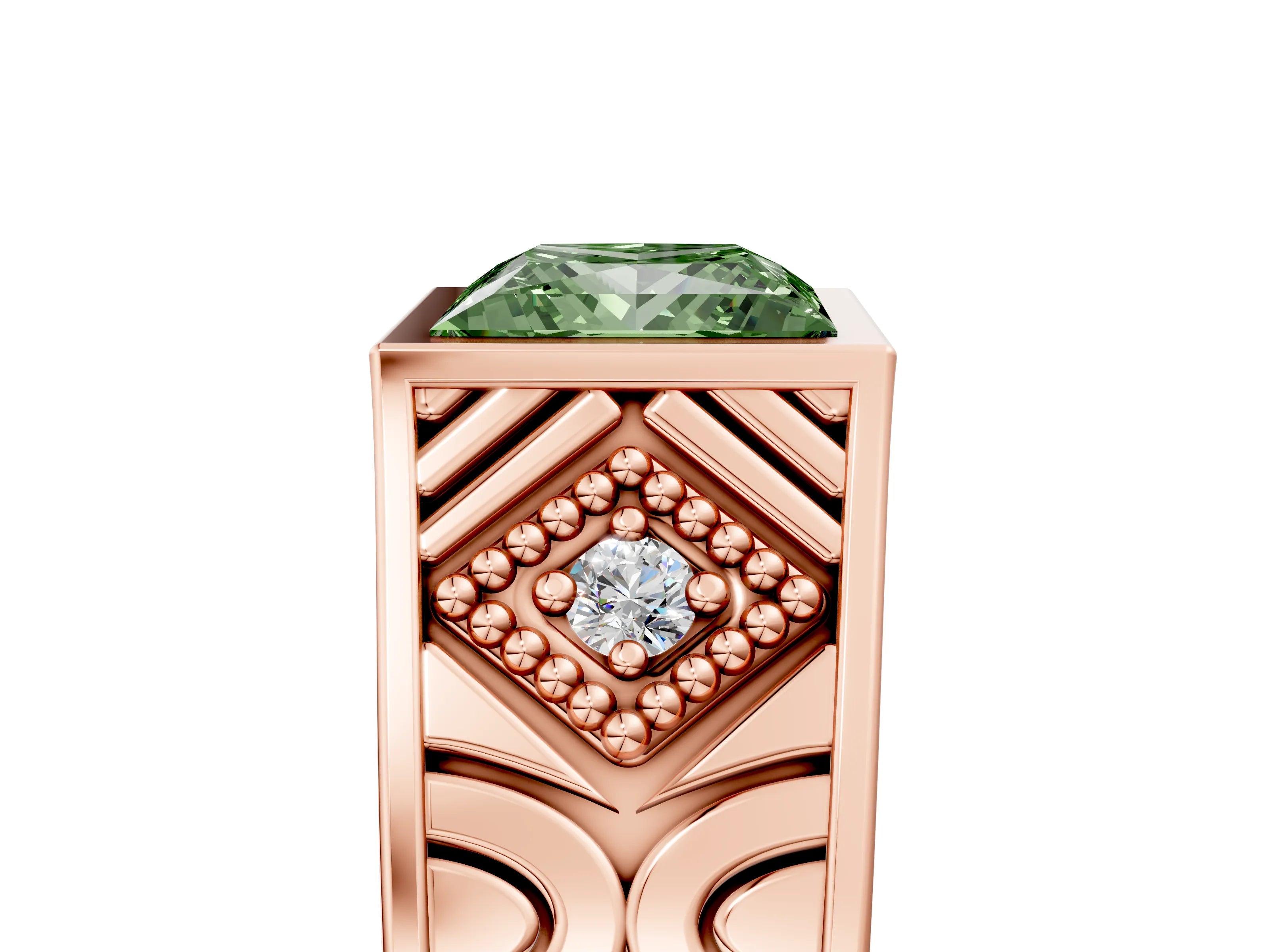 Rose gold Hexagonal Bezel Fancy Green Princess Cut Diamond Engraved Band Prong Ring_5