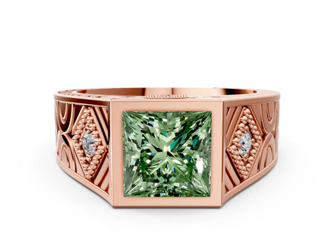 Rose gold Hexagonal Bezel Fancy Green Princess Cut Diamond Engraved Band Prong Ring