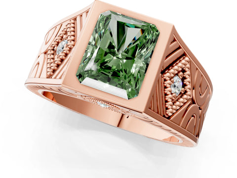 Rose gold Hexagonal Bezel Fancy Green Radiant Cut Diamond Engraved Band Prong Ring_1