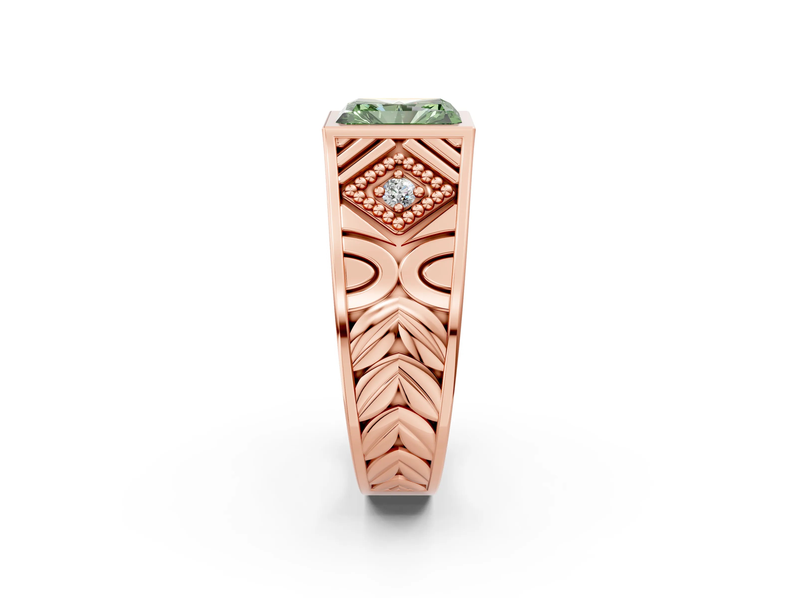 Rose gold Hexagonal Bezel Fancy Green Radiant Cut Diamond Engraved Band Prong Ring_2