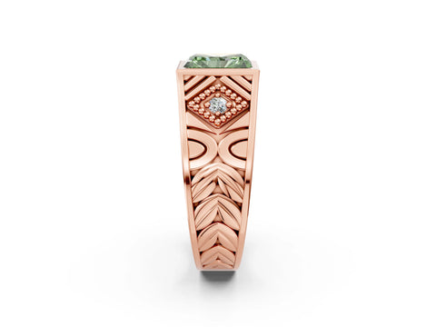 Rose gold Hexagonal Bezel Fancy Green Radiant Cut Diamond Engraved Band Prong Ring_2