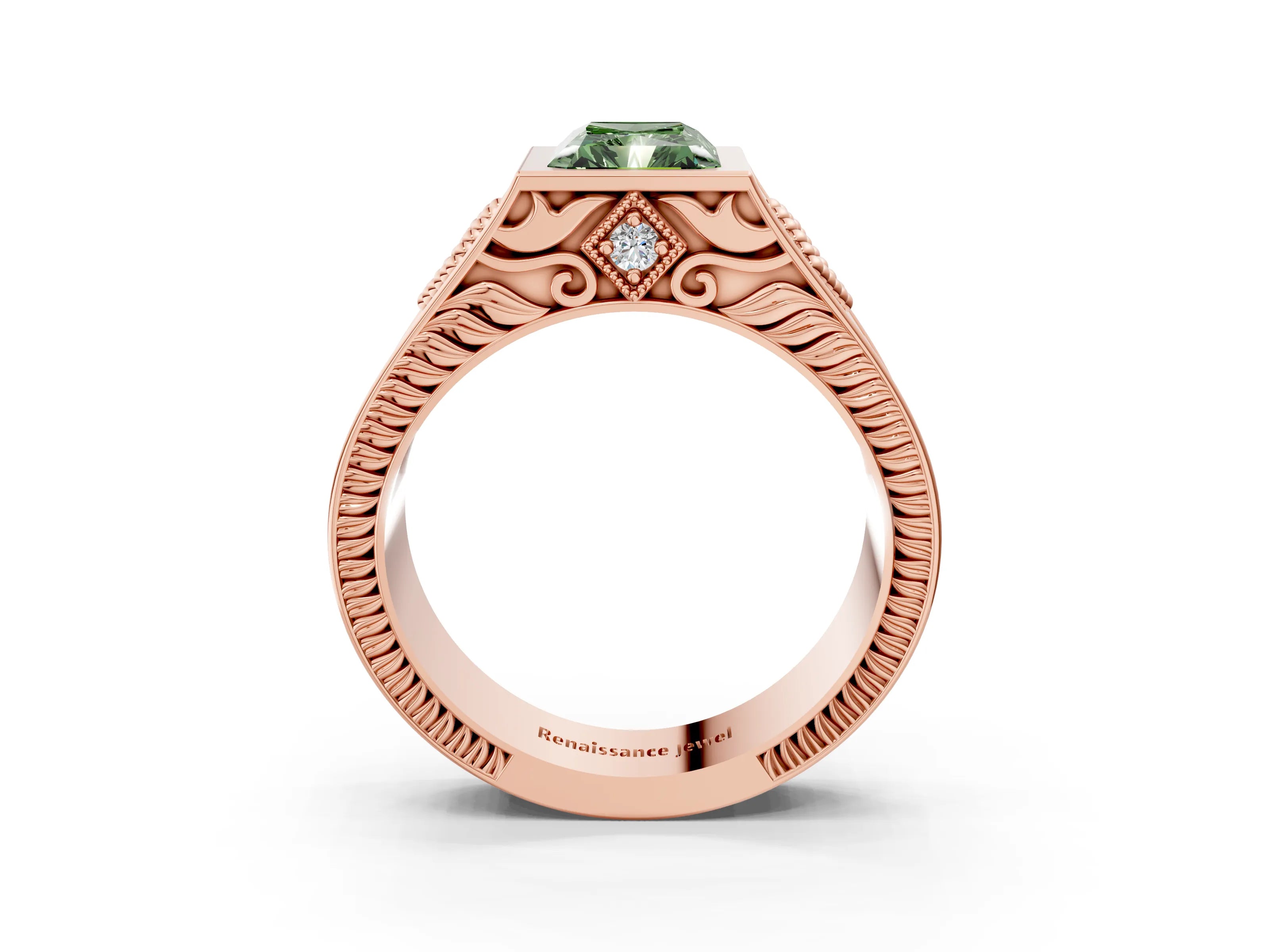 Rose gold Hexagonal Bezel Fancy Green Radiant Cut Diamond Engraved Band Prong Ring_3