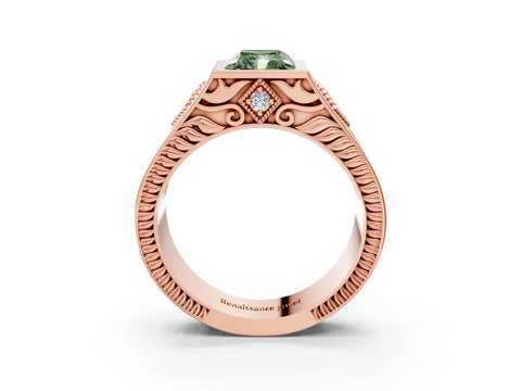 Rose gold Hexagonal Bezel Fancy Green Radiant Cut Diamond Engraved Band Prong Ring_3
