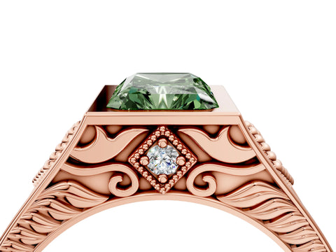Rose gold Hexagonal Bezel Fancy Green Radiant Cut Diamond Engraved Band Prong Ring_4