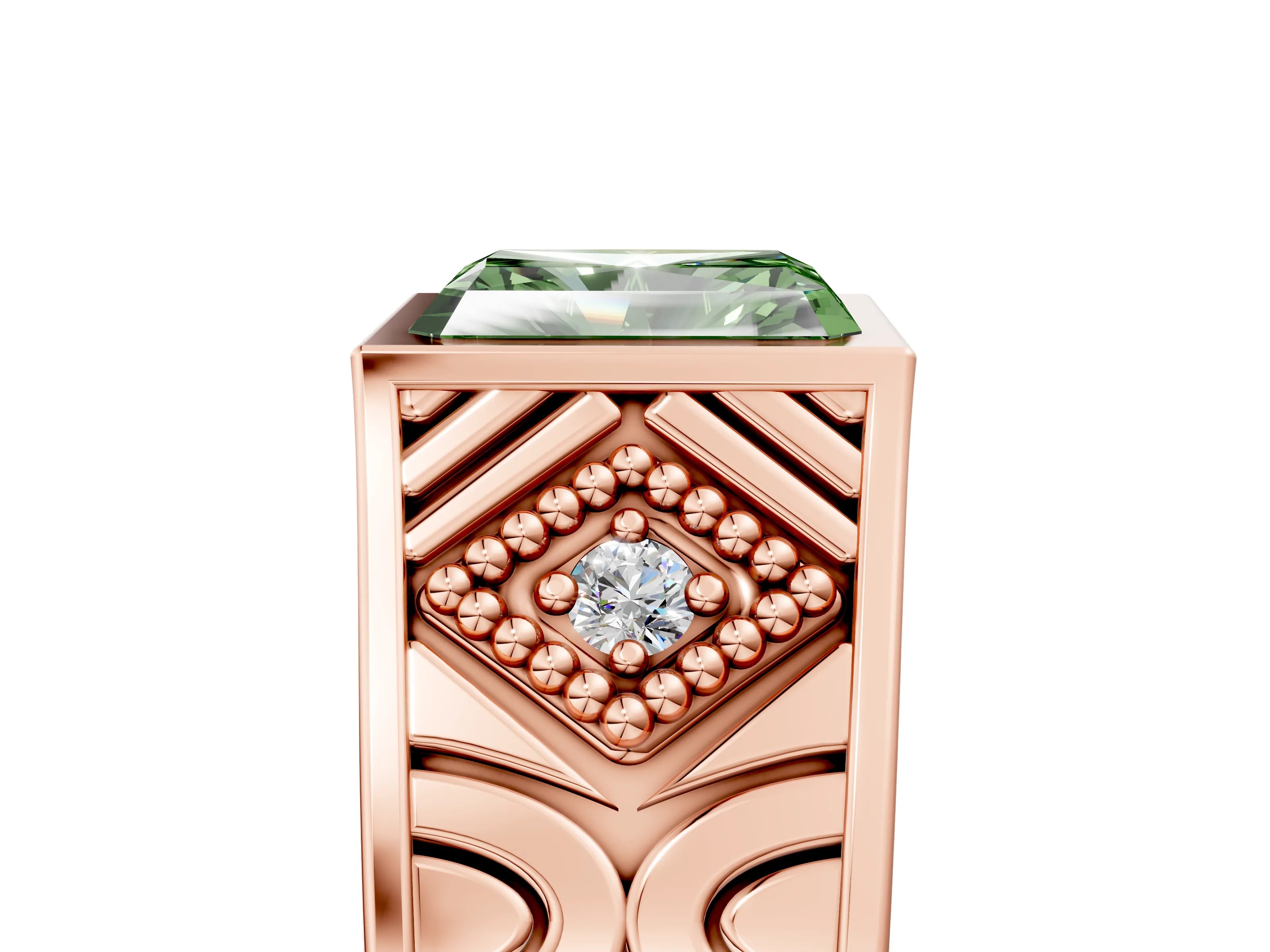 Rose gold Hexagonal Bezel Fancy Green Radiant Cut Diamond Engraved Band Prong Ring_5