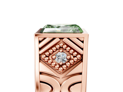 Rose gold Hexagonal Bezel Fancy Green Radiant Cut Diamond Engraved Band Prong Ring_5
