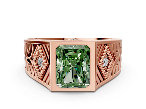 Rose gold Hexagonal Bezel Fancy Green Radiant Cut Diamond Engraved Band Prong Ring