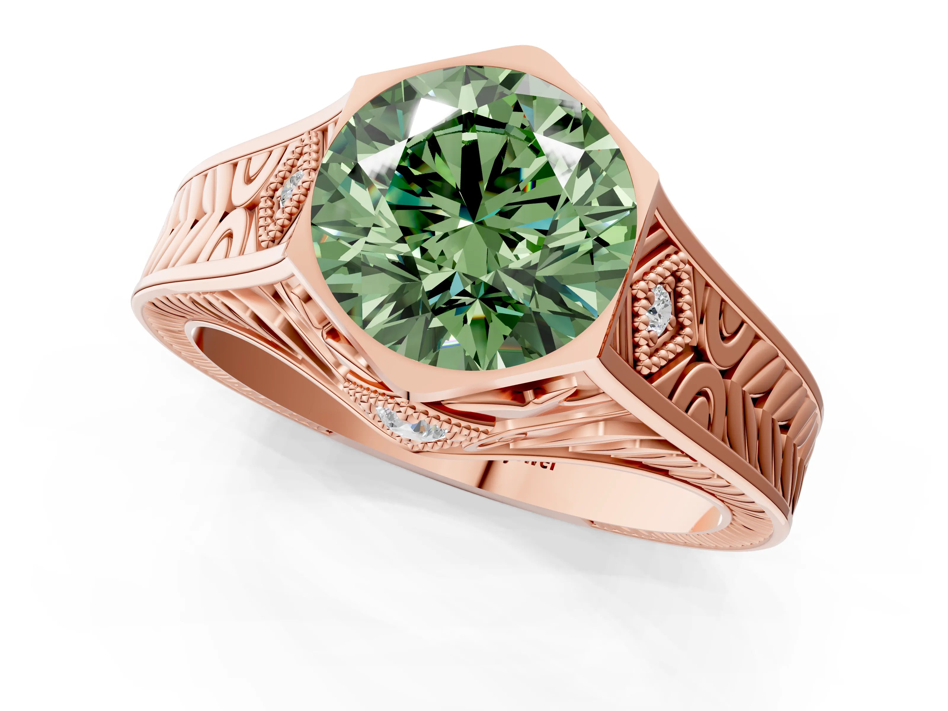 Rose gold Hexagonal Bezel Fancy Green Round Cut Diamond Engraved Band Prong Ring_1