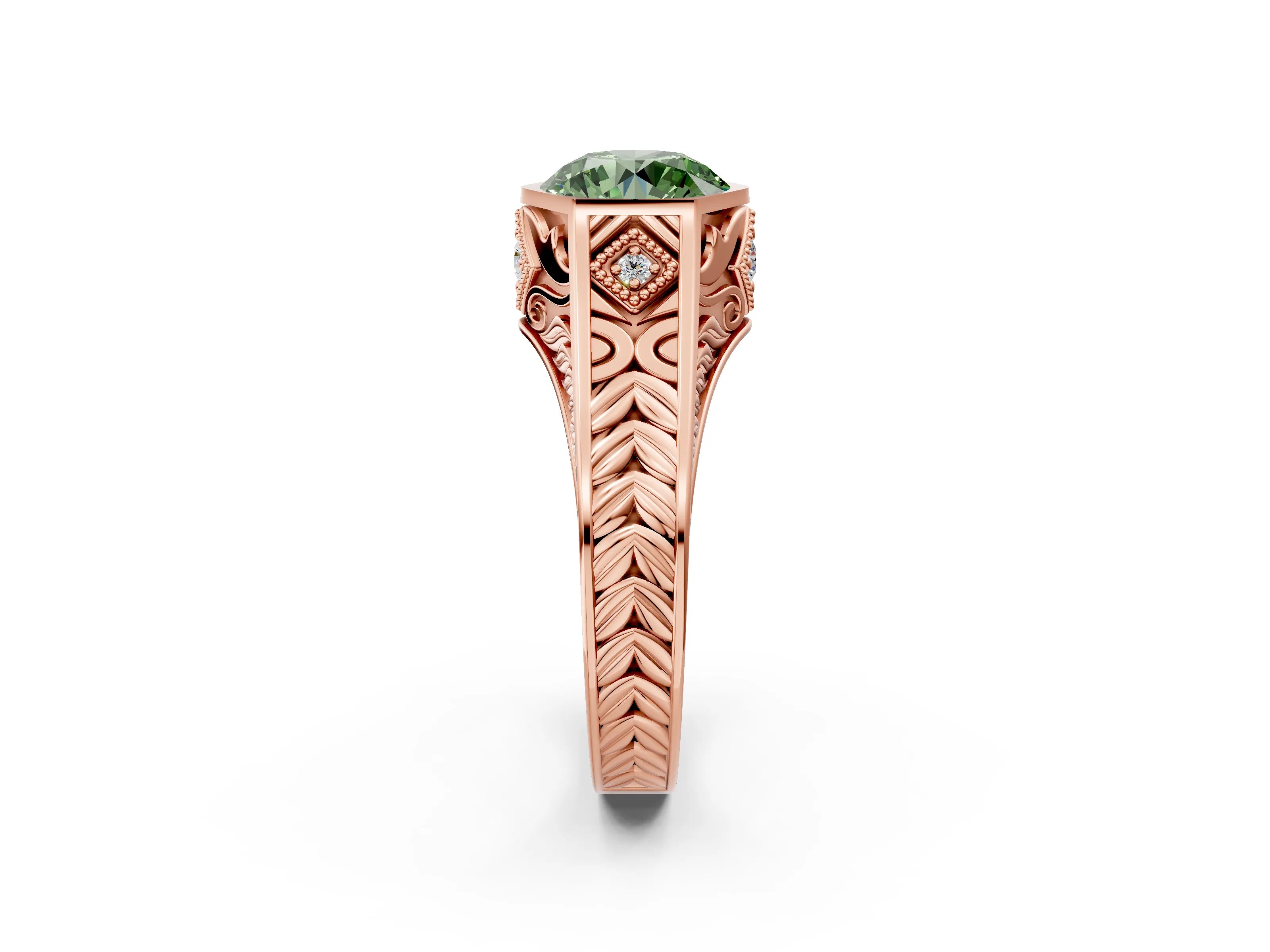 Rose gold Hexagonal Bezel Fancy Green Round Cut Diamond Engraved Band Prong Ring_2