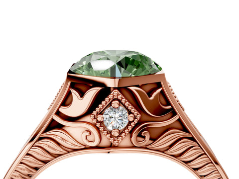 Rose gold Hexagonal Bezel Fancy Green Round Cut Diamond Engraved Band Prong Ring_4