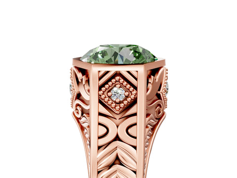 Rose gold Hexagonal Bezel Fancy Green Round Cut Diamond Engraved Band Prong Ring_5