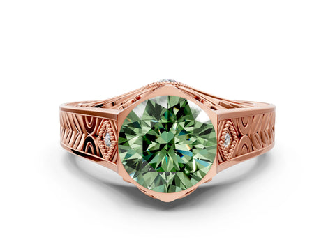Rose gold Hexagonal Bezel Fancy Green Round Cut Diamond Engraved Band Prong Ring
