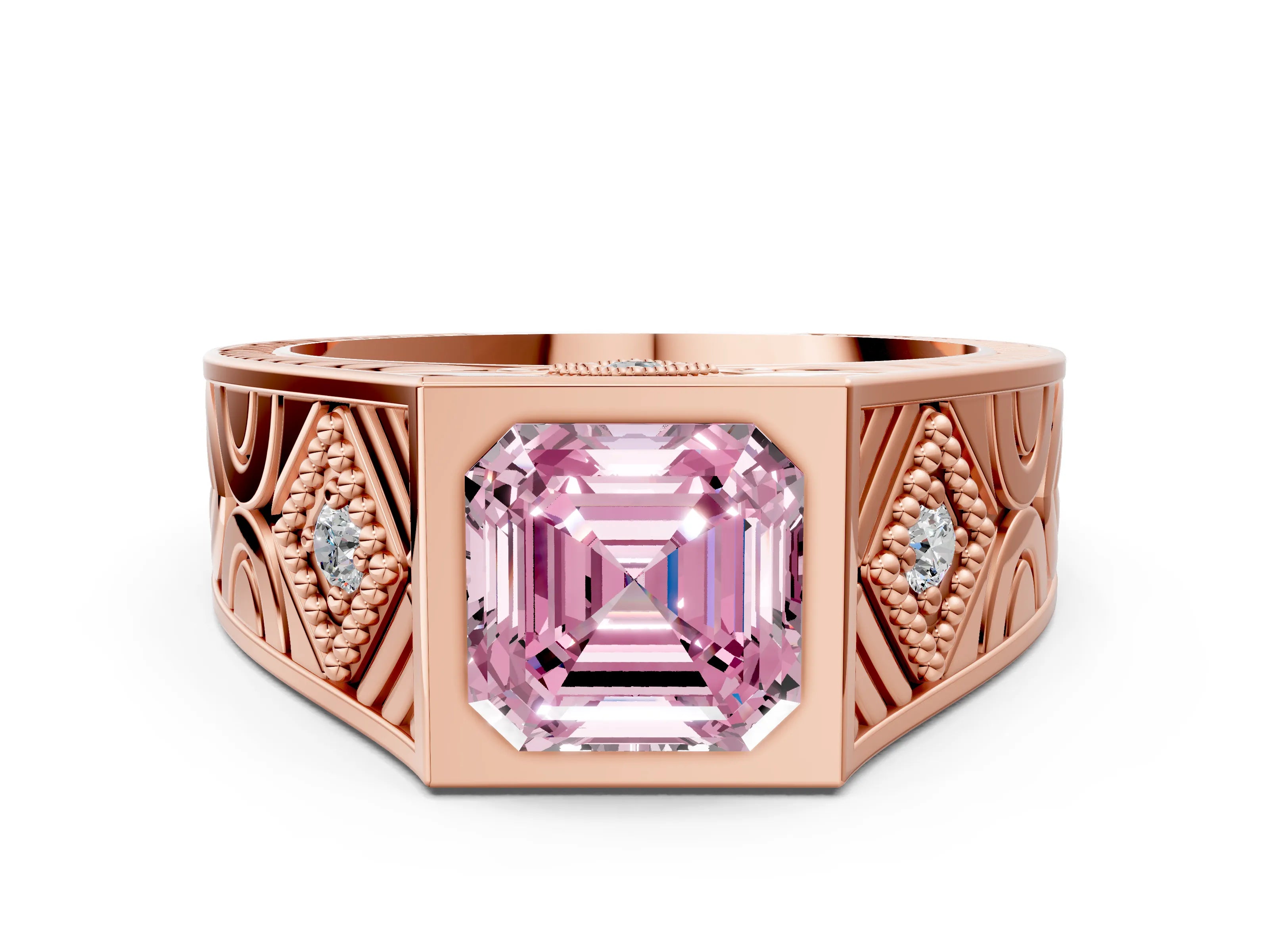Rose gold Hexagonal Bezel Fancy Pink Asscher Cut Diamond Engraved Band Prong Ring